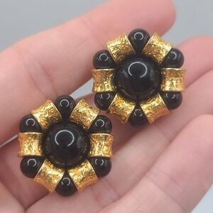 Vintage Liz Claiborne Earrings Gold Tone Black Signed Clip Ons Heavy